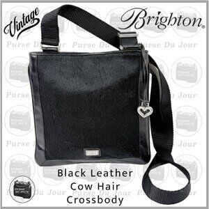 Brighton Vintage Black Leather & Calf Hair Crossbody Purse Nylon Crossbody Strap